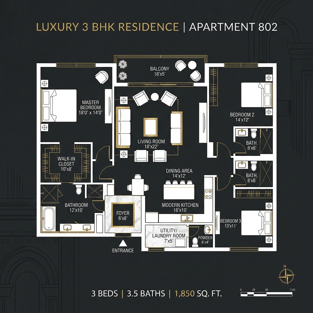 3 BHK Floor Plan Layout